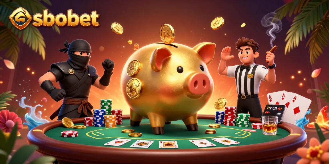 SBOBET action scene with a golden sumo wrestler and ninja gambling at a vibrant poker table